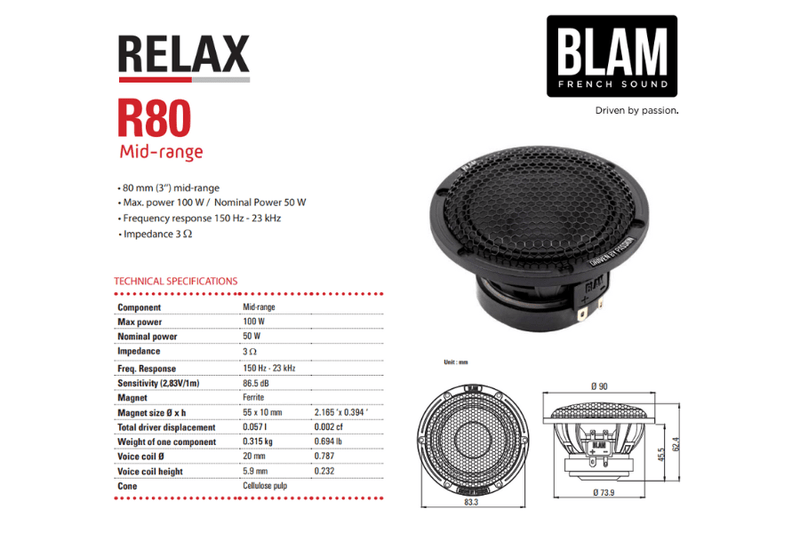 BLAM RELAX R80 80mm (3 Inch) mid-range car audio speakers (PAIR) (SPECIAL ORDER PRODUCT)